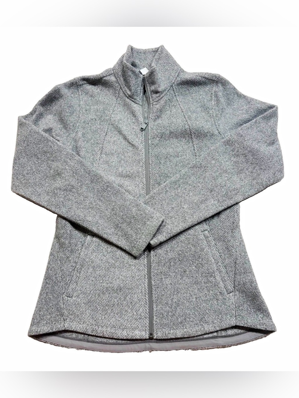 Athleta Stroll Fleece Full Zip Track Jacket w/ Pockets, Gray Herringbone